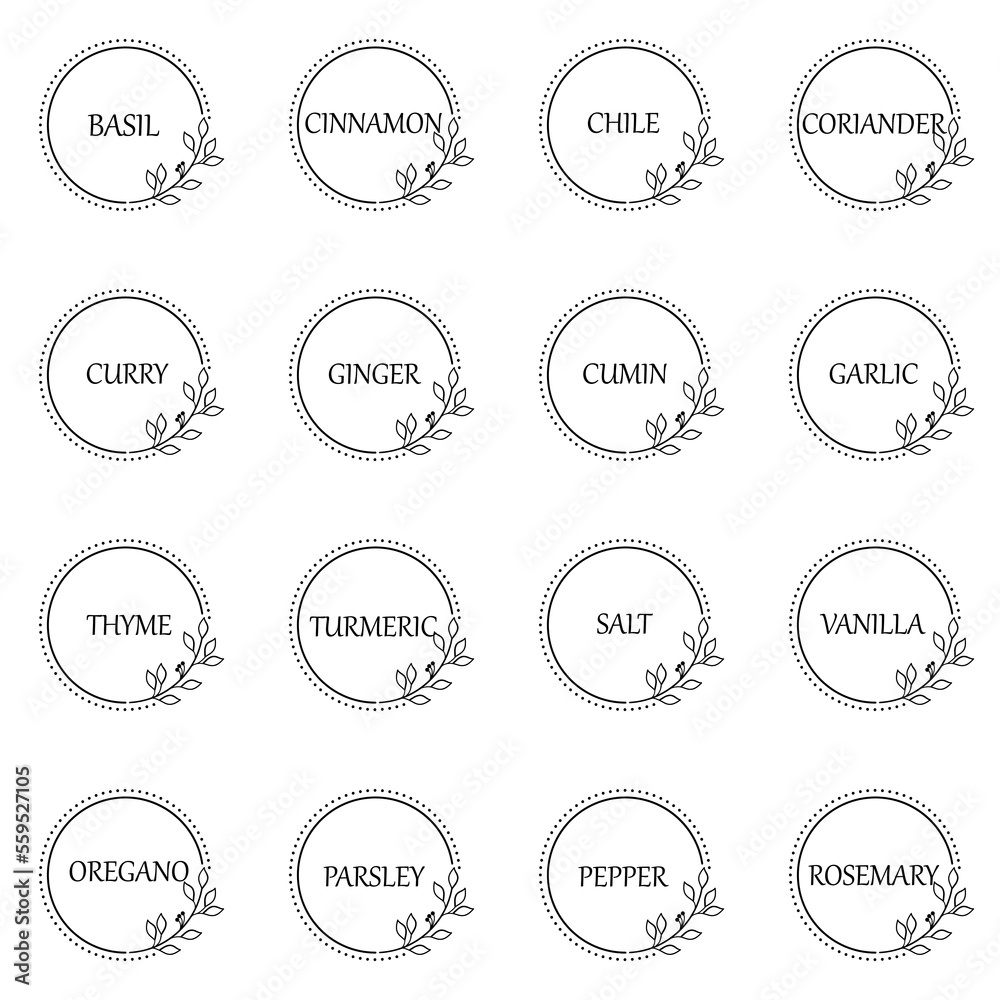 Black and white vector food labels or stickers. Can be used to label food jars, spice containers. Round botanical frame for each sticker Black and white vector food labels or stickers. Can be used to label food jars, spice containers. Round botanical frame for each sticker