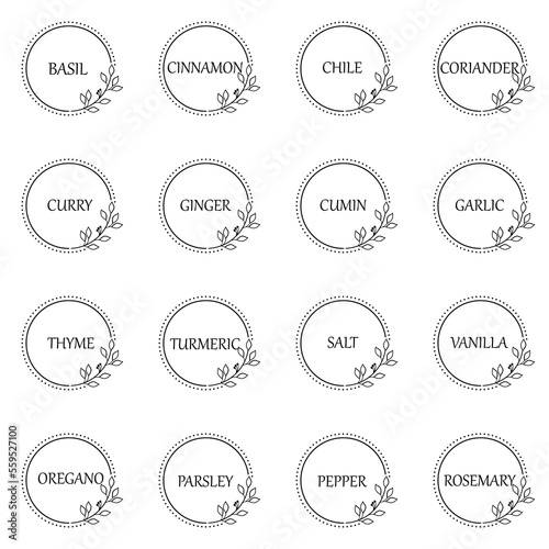 Black and white vector food labels or stickers. Can be used to label food jars, spice containers. Round botanical frame for each sticker