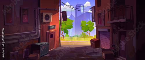 Foto Empty back alley and city street at summer day