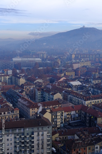 Turin, Italy - December 23rd 2022: An aerial view of Turin from the "Mole Antonelliana", the biggest tower of the city.