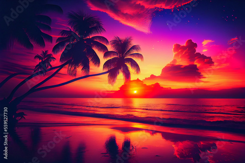 Beautiful Colorful Sunset Background Tropical Ocean beach. Illustration Generative AI © olegganko