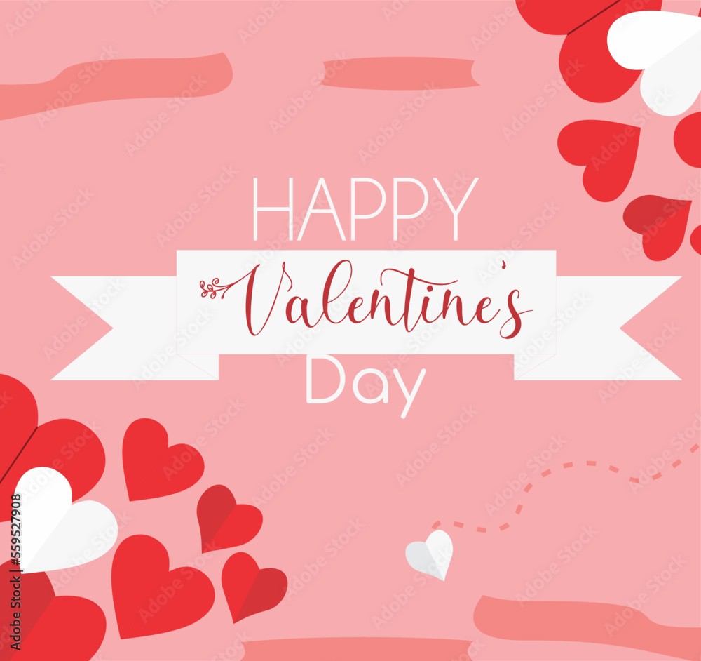 Happy Valentines Day banner with red and white color paper hearts with banner and lettering. Background in pink color. Square holiday poster for adding information vector illustration