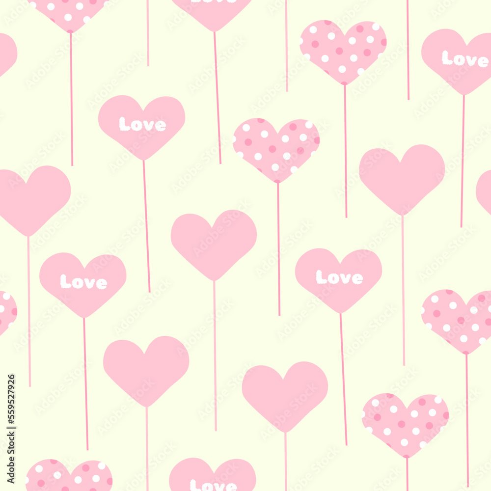 Seamless pattern with topper hearts on stick holders on a yellow background in a vector for Valentine's Day