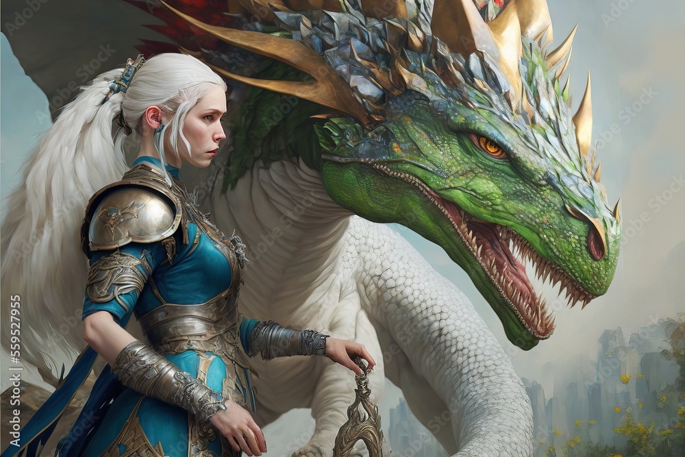 Obraz premium heroic fantasy illustration of a young woman with a big dragon