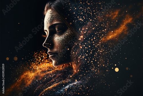 Photographie portrait de femme avec particules et paillettes dorées, yeux fermés
