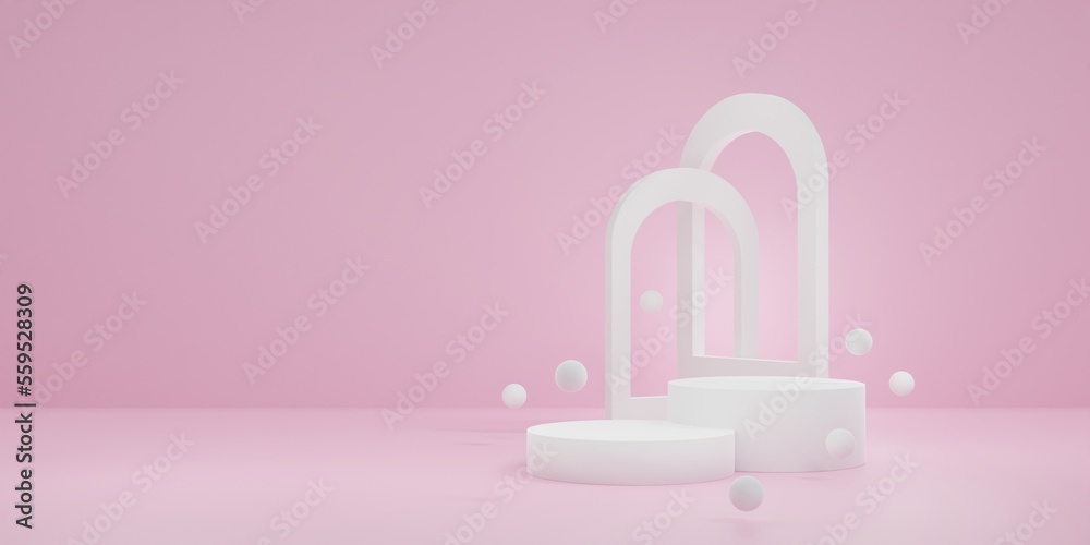 Podium cosmetic display stand, white on a pink background, wide format, for Valentine's Day - 3D rendering.