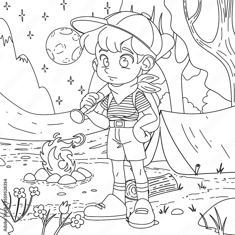 Children coloring book scout boy camping in the forest