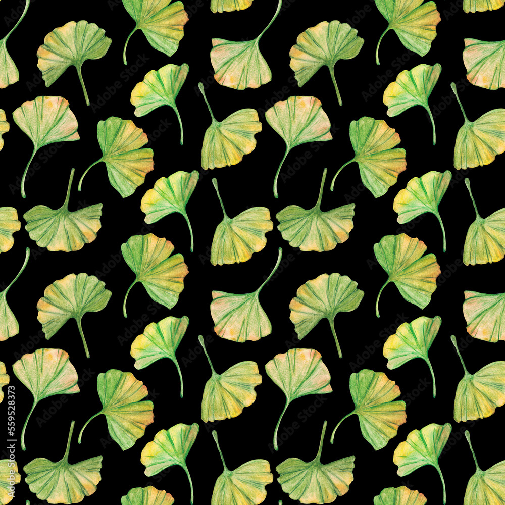 Seamless pattern ginkgo biloba green and yellow leaves, print botany foliage. Watercolor branches. Leaves clip art. Seamless pattern ginkgo biloba green and yellow leaves, print botany foliage. Watercolor branches. Leaves clip art.