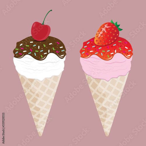 vanilla ice cream topped with chocolate and cherries and strawberry ice cream topped with strawberries
