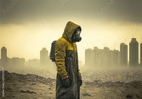 personnage de dos en combinaison anti radiation dans un environnement de désolation post-apocalyptique photo
