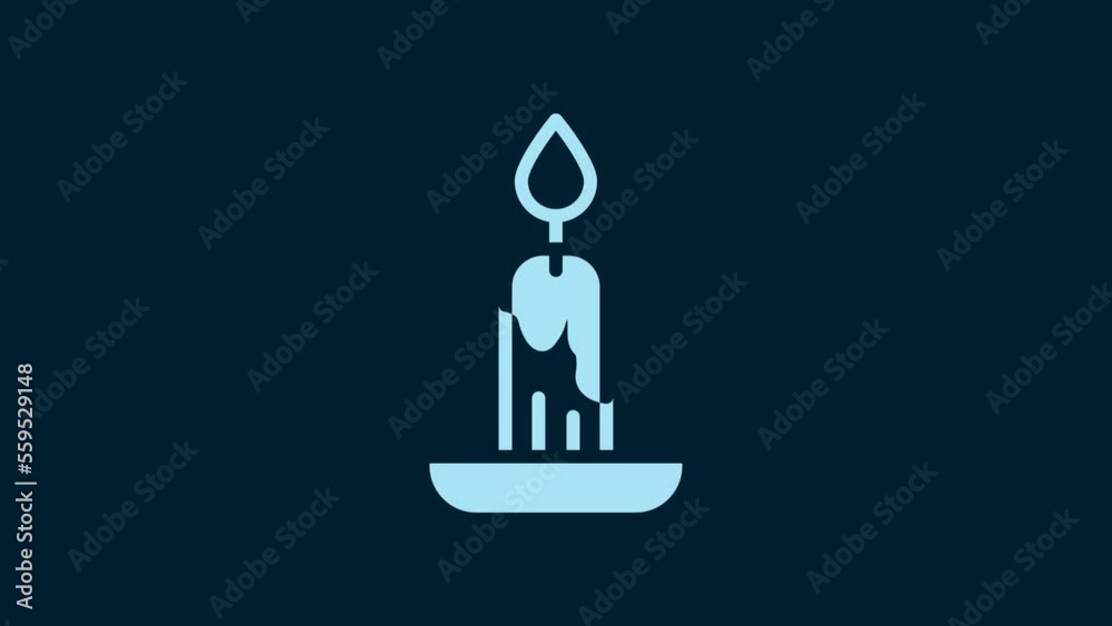 White Burning candle icon isolated on blue background. Cylindrical candle stick with burning flame. 4K Video motion graphic animation White Burning candle icon isolated on blue background. Cylindrical candle stick with burning flame. 4K Video motion graphic animation