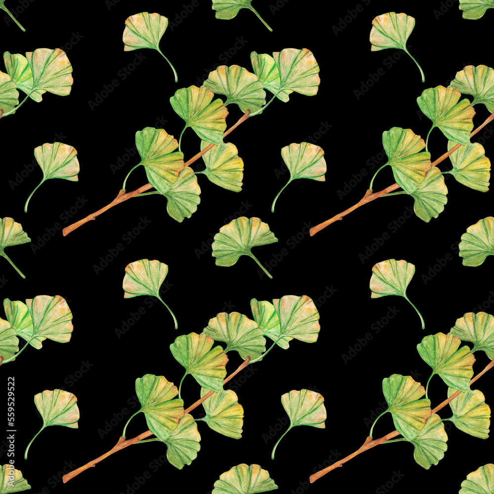 Obraz premium Seamless pattern ginkgo biloba green and yellow leaves, print botany foliage. Watercolor branches. Leaves clip art.