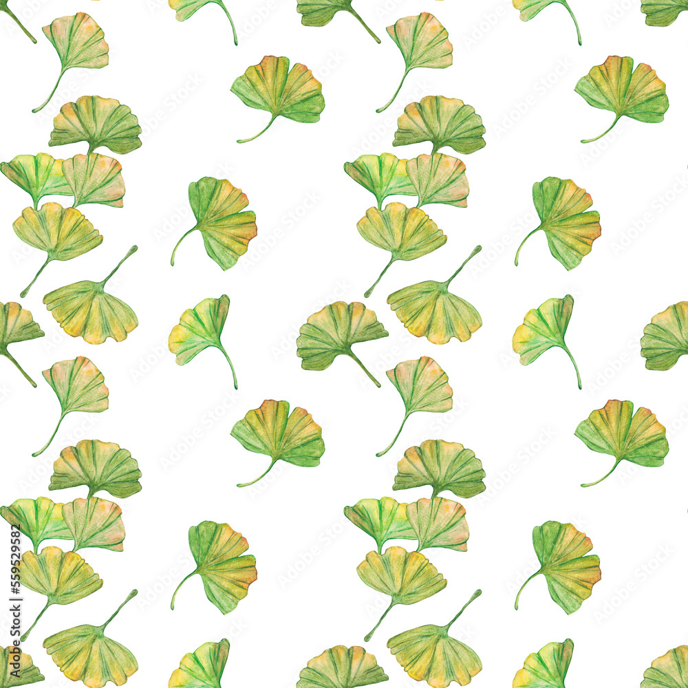 Seamless pattern ginkgo biloba green and yellow leaves, print botany foliage. Watercolor branches. Leaves clip art.