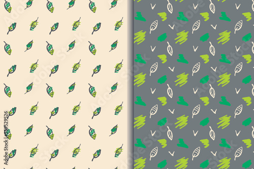 Leaves decorative seamless patterns, set od 2. Doodle cartoon hand drawn design, brush ink stroke. Geometric grid, bright green color palette. Transparent background