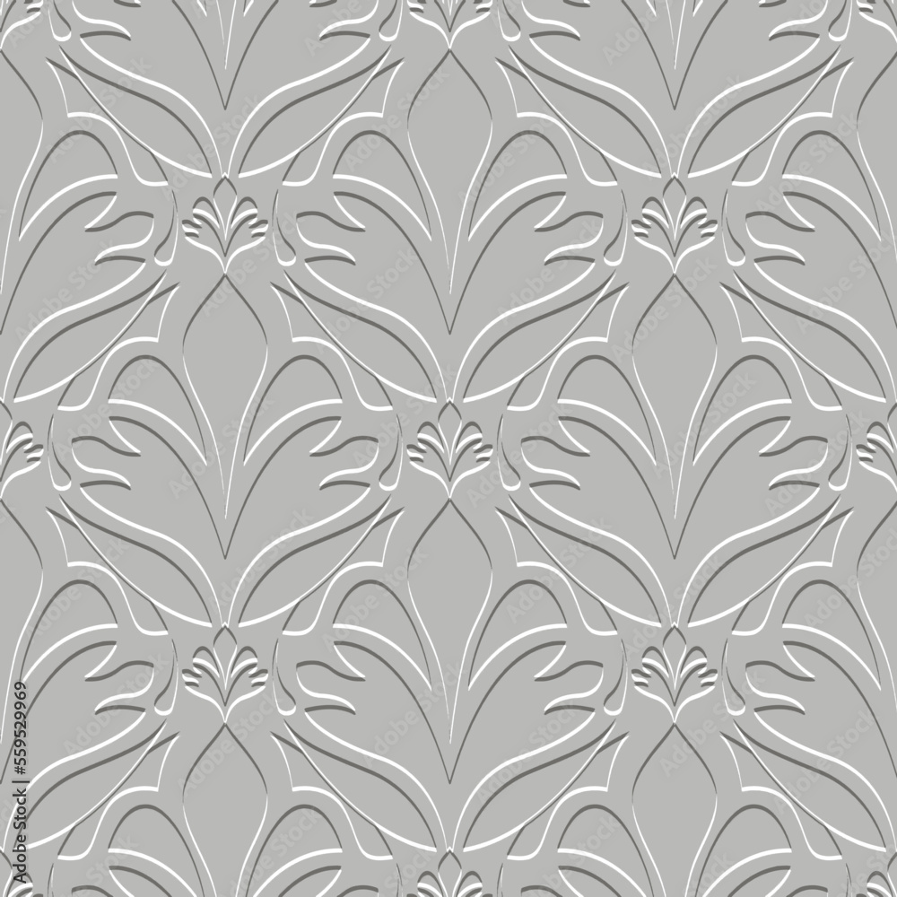 Floral textured white 3d seamless pattern. Emboss ornamental surface vector background. Repeat relief light backdrop. Embossed 3d ornament with beautiful flowers. Endless texture. embossing effect