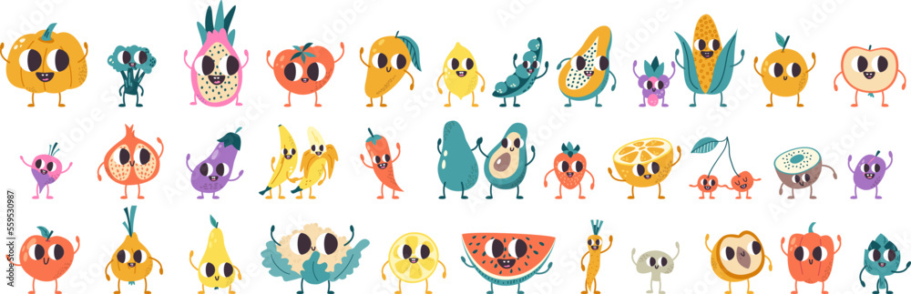Fototapeta premium Cartoon fruits vegetables characters. Cute fruit, smile face vegetable. Kawaii food, fresh ingredients avocado, banana, watermelon. Snugly funny set