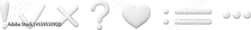 Exclamation question signs, 3d arrow and cross, heart and dots. Different white punctuation marks, consent and refusal symbols. Right true and dont vector elements
