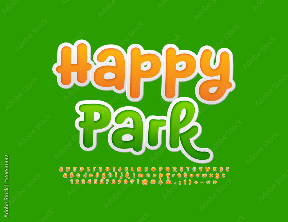Vector creative banner Happy Park. Playful Alphabet Letters and Numbers set. Bright handwritten Font. Vector creative banner Happy Park. Playful Alphabet Letters and Numbers set. Bright handwritten Font.