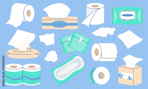Tissue paper set. Toilet rolls, papers towel box. Wet and dry napkin or doily. Facial and hands sanitary and self hygiene elements. Decent vector bathroom collection