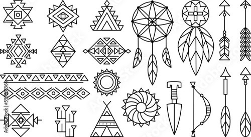 Native american elements, navajo indian graphic tribal symbols. Dreamcatcher, arrows and motifs. Aztec elements, decent vector geometric set