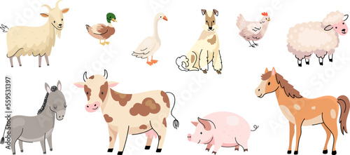 Fototapeta Naklejka Na Ścianę i Meble -  Doodle farm animals characters. Animal farms, cartoon calf, goat and sheep. Isolated cow and horse, duck and chicken. Nowaday agricultural vector set