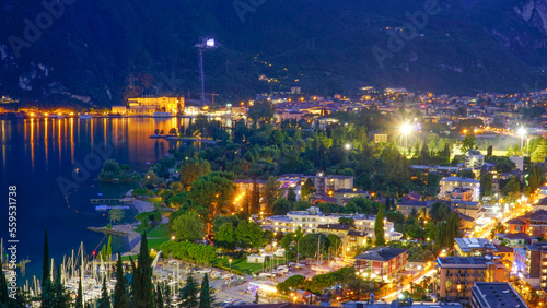 The scenery of Riva del Garda in Italy is beautiful at night