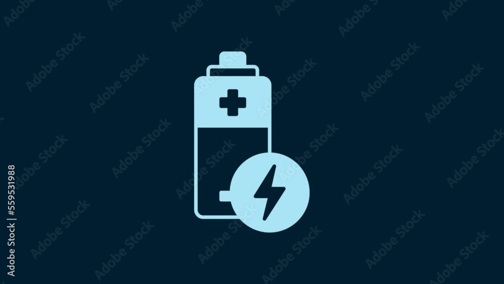 White Battery icon isolated on blue background. Lightning bolt symbol. 4K Video motion graphic animation White Battery icon isolated on blue background. Lightning bolt symbol. 4K Video motion graphic animation