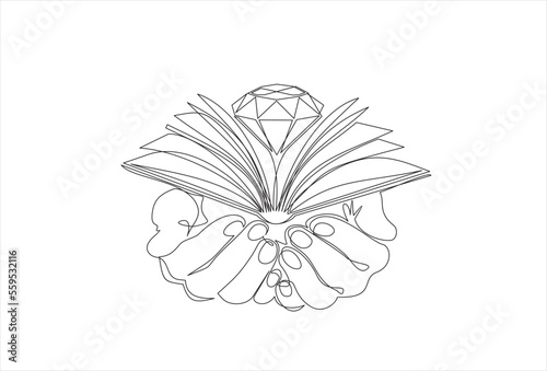 continuous one line drawing of hands hold open book with diamond, brilliant and. Diamond Book. Can used for logo, emblem, slide show and banner.