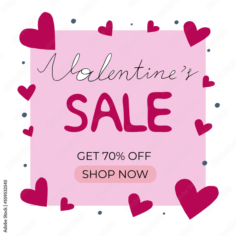 .Square template for Valentine's Day holidays.Social media post with hearts.Sales promotion on Valentine's Day.Vector illustration for greeting card, mobile apps, banner design and web ads