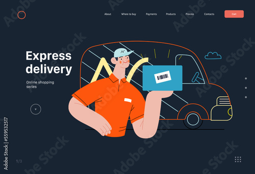 Express delivery - Online shopping and electronic commerce series - modern flat vector concept illustration of a delivery man with a box and van. Shipment, sale and online orders concept
