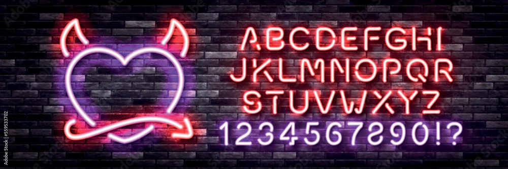 Vector realistic isolated neon sign of Devil Heart logo with alphabet font on the wall background. Concept of Happy Valentines Day.