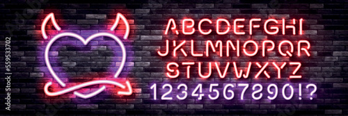 Vector realistic isolated neon sign of Devil Heart logo with alphabet font on the wall background. Concept of Happy Valentines Day.