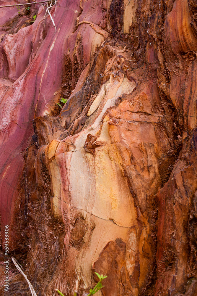Closeup of the natural multicolored red rock wall background and texture with detailed