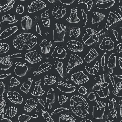 fast food seamless pattern with doodles and hand drawn elements on blackboard background. Wallpaper, scrapbooking, stationary, wrapping paper, textile prints design. EPS 10