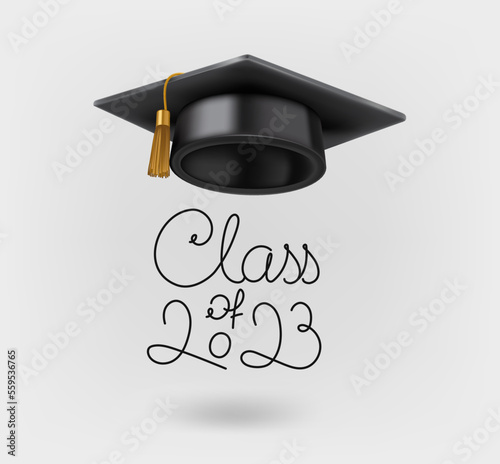 Graduation class of 2023 concept with gdaruation cap. 3d vector icon isolated on white background