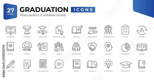 icons: E-Learning, Educational Exam, Rocket, Brain, Book. stock illustration