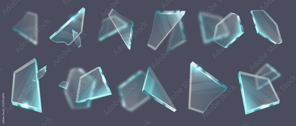 Broken glass vector shatter set, mirror sharp pieces explosion kit, transparent splinter fragments. 3D flying crystal shards, windshield smithereens, realistic dangerous particles. Broken glass design Broken glass vector shatter set, mirror sharp pieces explosion kit, transparent splinter fragments. 3D flying crystal shards, windshield smithereens, realistic dangerous particles. Broken glass design