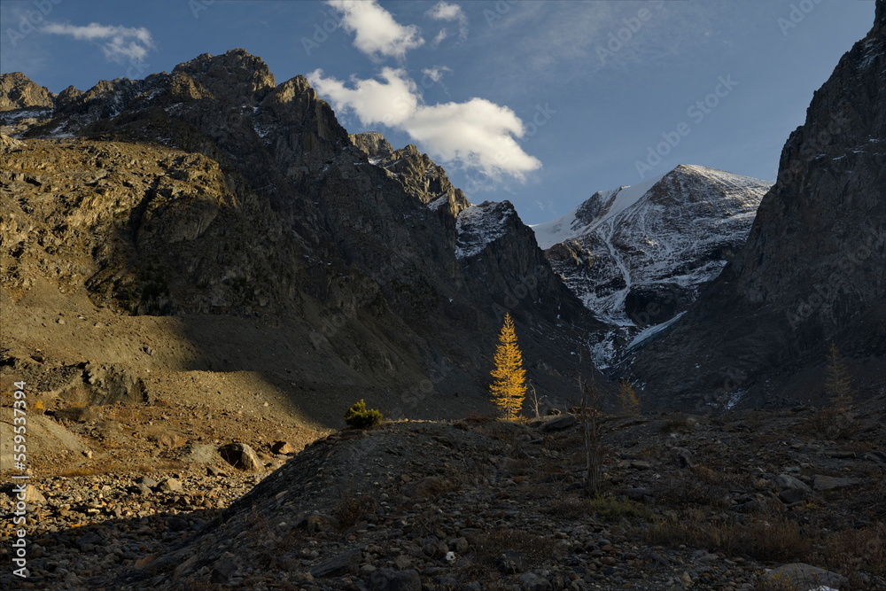 Russia. The South of Western Siberia, the Altai Mountains. View of the stone valley of the Aktru River on the approach to the glacier of the same name.