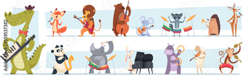 Animals musicians. Wild zoo characters play music instruments exact vector cartoon illustrations of animals on concert © ONYXprj