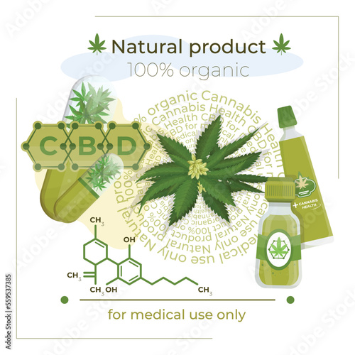 Medical cannabis vector illustration with oil, leafs, formulas, pills and creams. Perfect for health, medical and cannabis related designs. photo