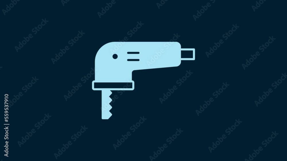 White Electric jigsaw with steel sharp blade icon isolated on blue background. Power tool for woodwork. 4K Video motion graphic animation White Electric jigsaw with steel sharp blade icon isolated on blue background. Power tool for woodwork. 4K Video motion graphic animation
