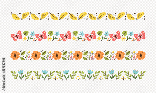 Spring decorative border collection. Seamless borders with floral elements, leaves and butterflies. Isolated elements. Vector illustration. Set 2 of 2.