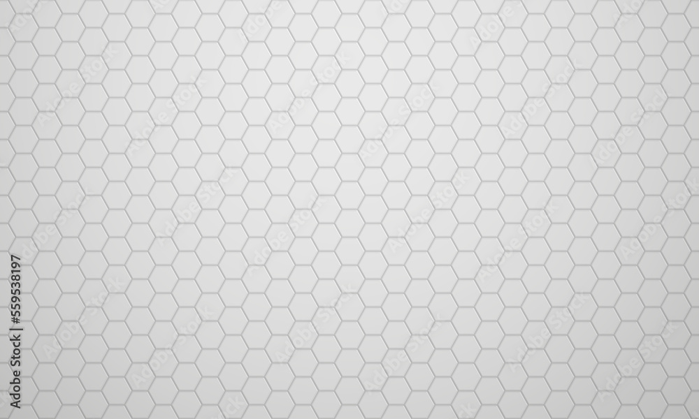 White glossy ceramic hexagon tiles pattern horizontal background. Modern home interior, bathroom and kitchen wall texture. Vector gray shiny hexagonal mosaic wall background.