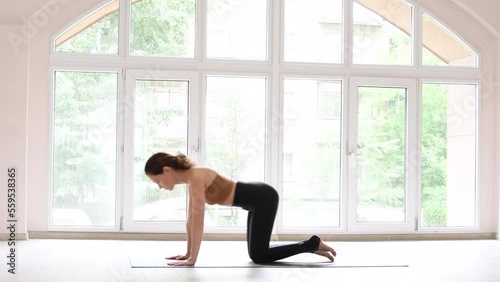 A young beautiful girl is doing yoga in the hall. yoga lessons