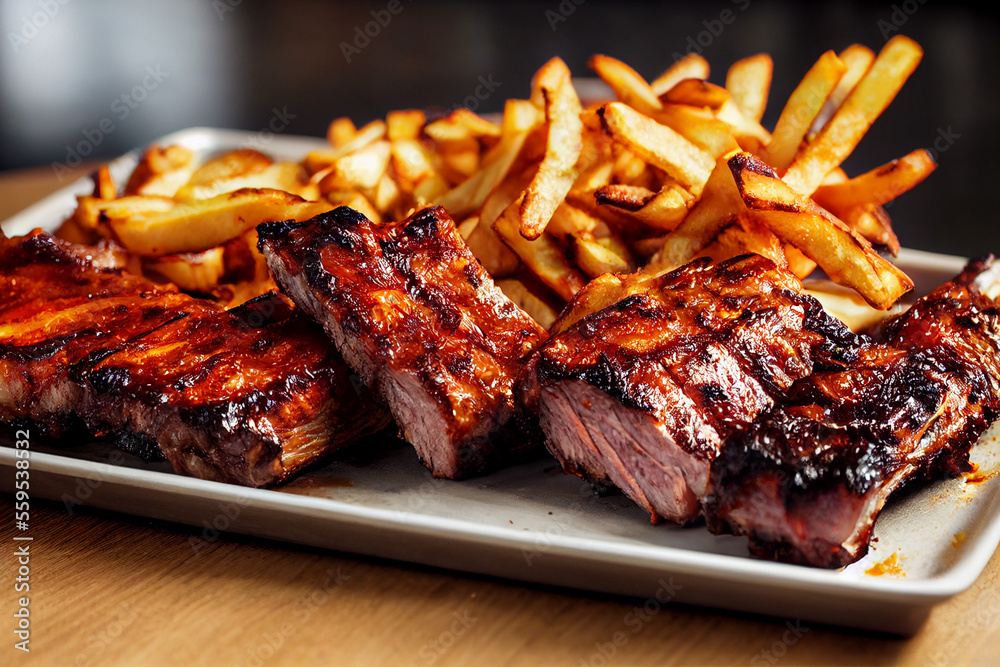 delicious baked grilled ribs glazed with bbq sauce with potato fries in a restaurant