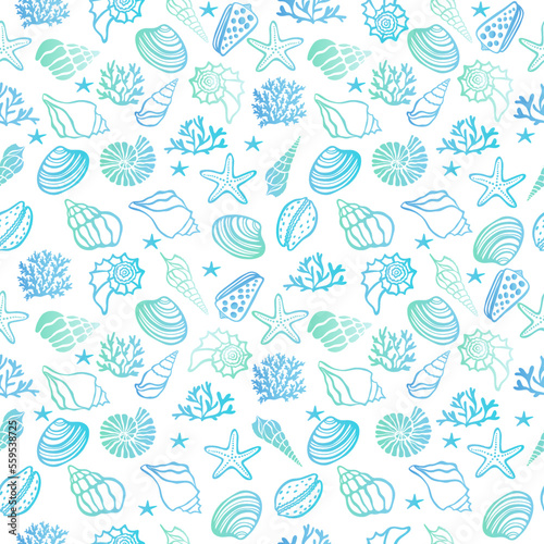 Beach Seashell Pattern. Vector seamless pattern with seashells doodle style.