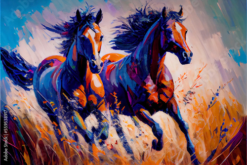 Fotografie, Tablou Horses running through a field oil painting ai art