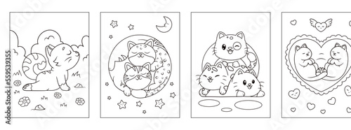 Colouring page draw outline for children with cute cat animal illustrations 
