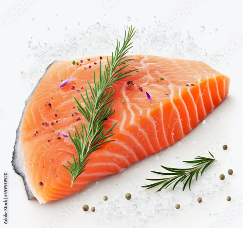Raw salmon fillet with rosemary on white background, AI Generate