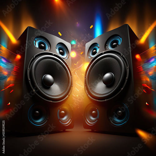 Stereo speaker with disco light background, AI Generate